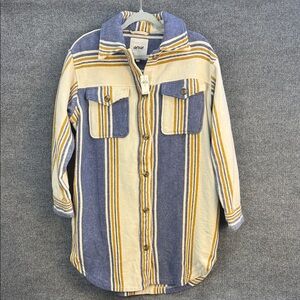 Aerie Oversized Heavy Flannel Striped Shirt Jacket Cream Blue Mustard Small
